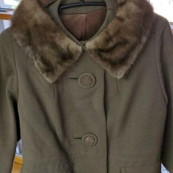 Vintage 60's Union Made Brown Sz. L Fur Collared Lined Button Coat - Picture 2 of 12